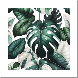 Large Dark Green and White Tropical Leaf Pattern pastal funny Posters and Art